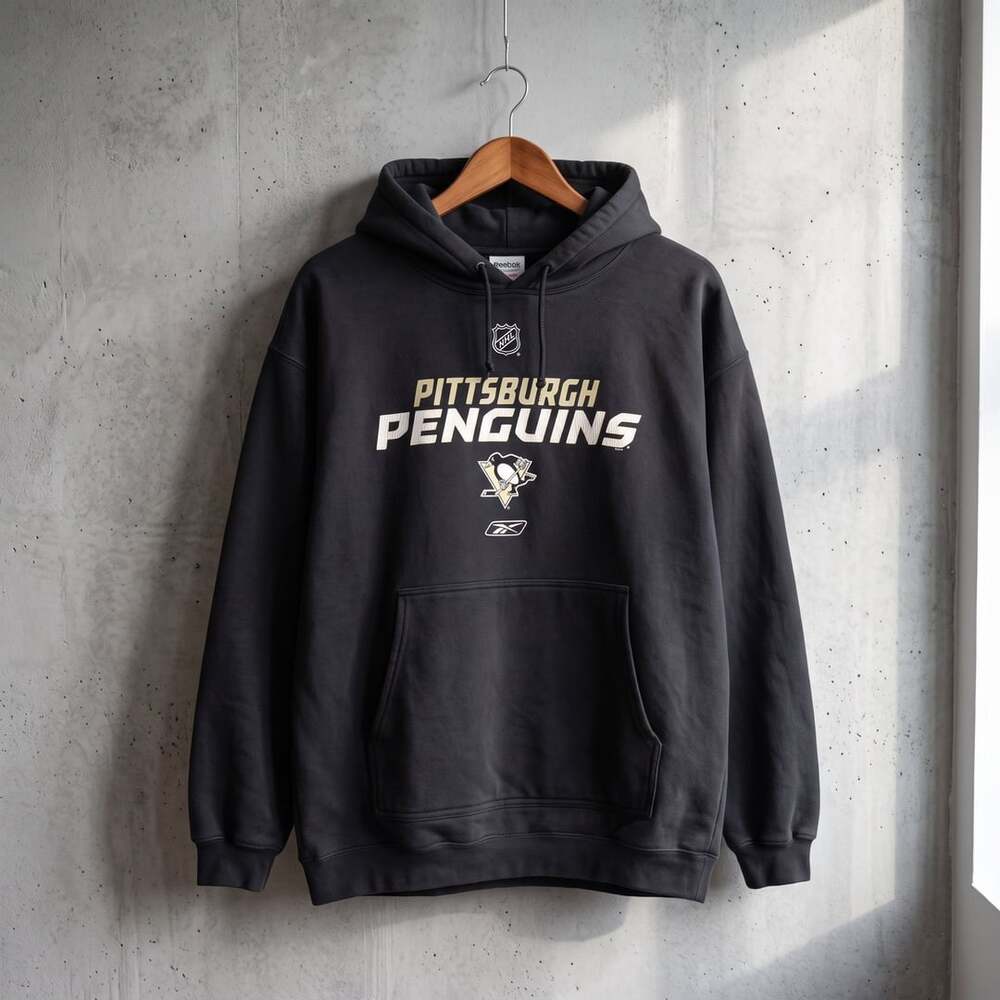 Reebok Pittsburgh Penguins Hoodie Charcoal Grey Fleece Pullover